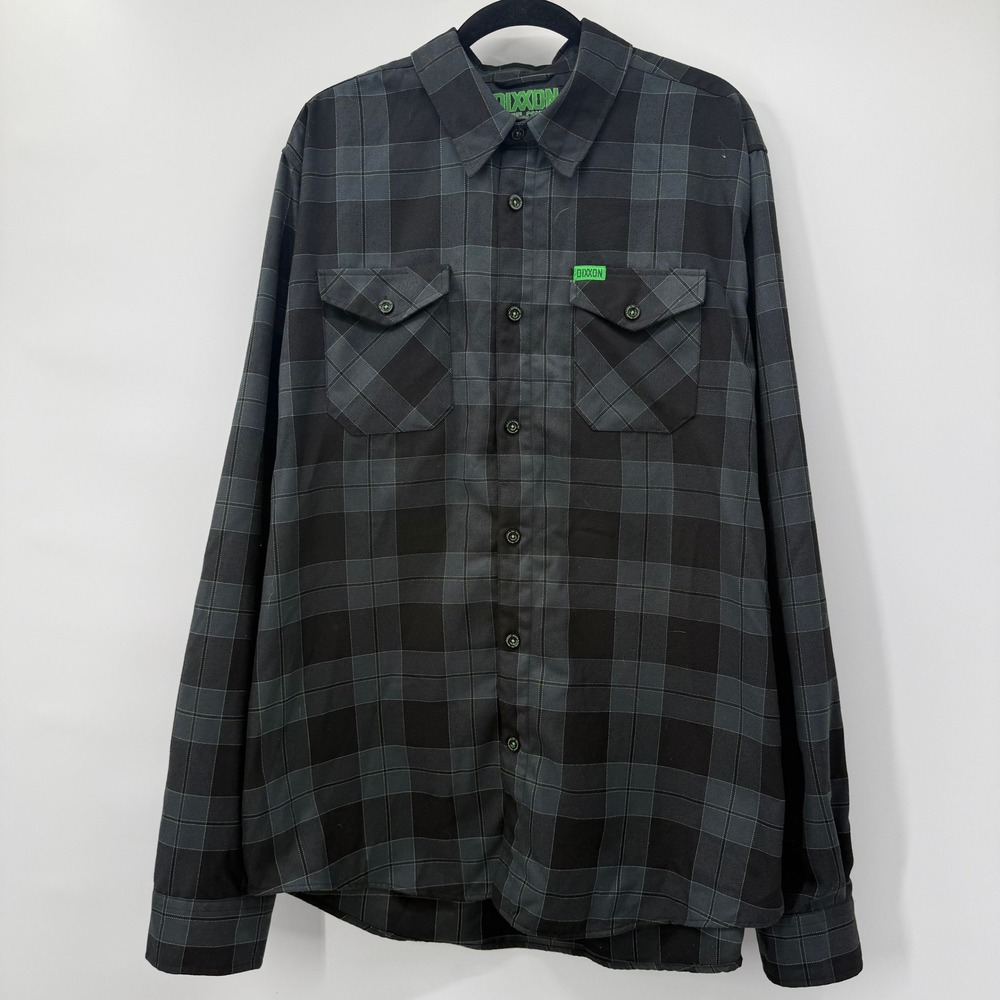 Dixxon Mens Size XLT Flannel Shirt Black Grey Plaid Green Stitch Button Up